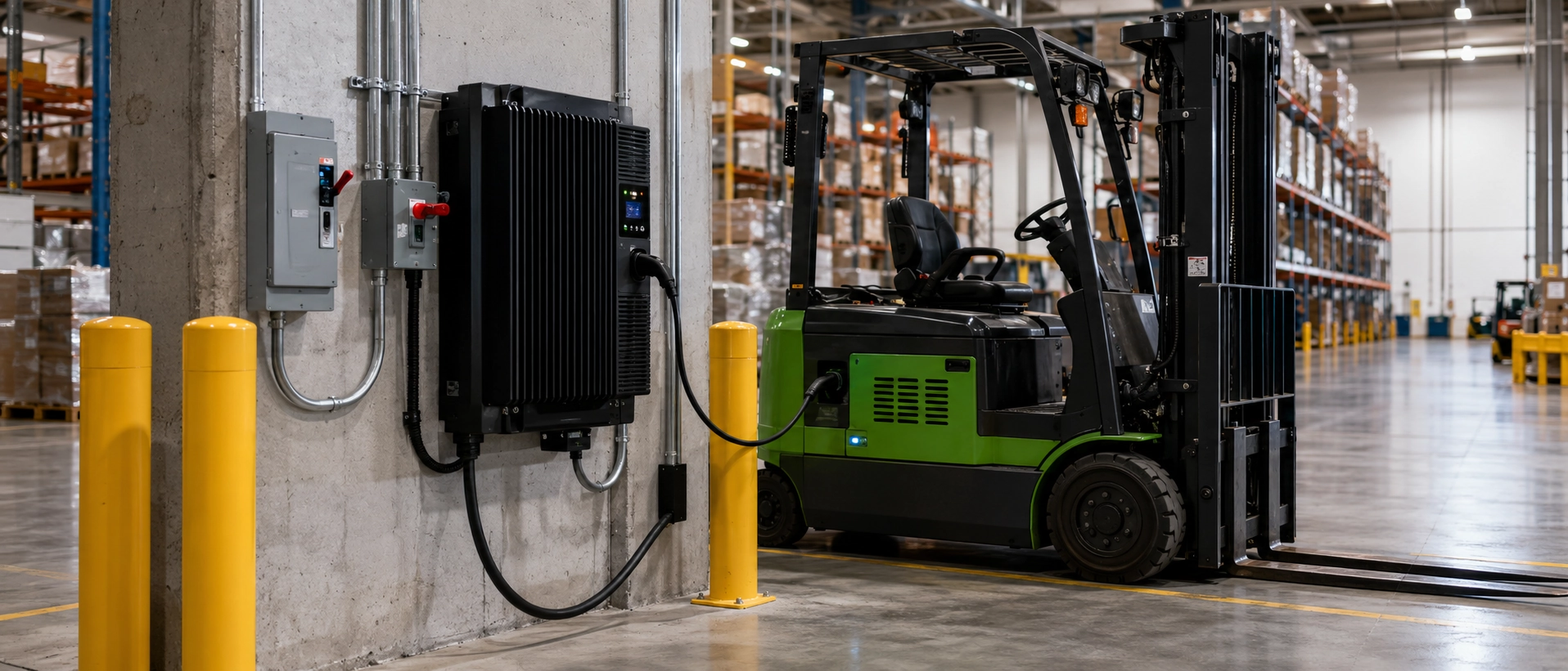 A wall-mounted lithium-ion forklift charging station in a facility, emphasizing the need for strategic placement and electrical infrastructure support. A wall-mounted lithium-ion forklift charging station in a facility, emphasizing the need for strategic placement and electrical infrastructure support.